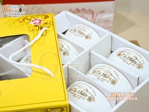 Bộ bát cơm men trắng kẻ chỉ vàng kim, in logo