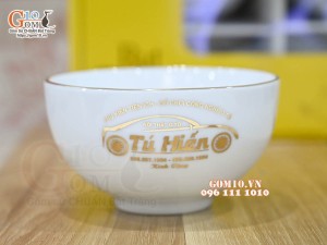 Bộ bát cơm men trắng kẻ chỉ vàng kim, in logo