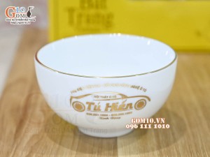 Bộ bát cơm men trắng kẻ chỉ vàng kim, in logo