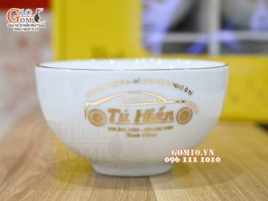 Bộ bát cơm men trắng kẻ chỉ vàng kim, in logo