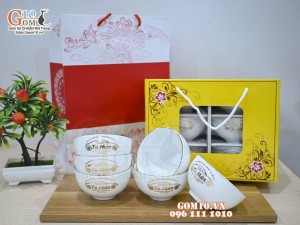 Bộ bát cơm men trắng kẻ chỉ vàng kim, in logo