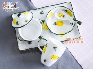 Bộ bát đĩa ăn dặm men trắng vẽ Dứa, 5 chi tiết