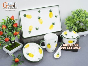 Bộ bát đĩa ăn dặm men trắng vẽ Dứa, 5 chi tiết