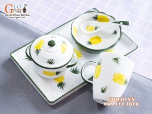 Bộ bát đĩa ăn dặm men trắng vẽ Dứa, 5 chi tiết