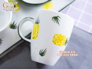 Bộ bát đĩa ăn dặm men trắng vẽ Dứa, 5 chi tiết
