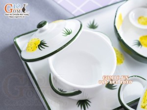 Bộ bát đĩa ăn dặm men trắng vẽ Dứa, 5 chi tiết