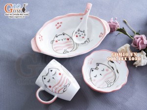 Bộ bát đĩa ăn dặm men trắng vẽ Mèo Ú chỉ hồng, 4 chi tiết
