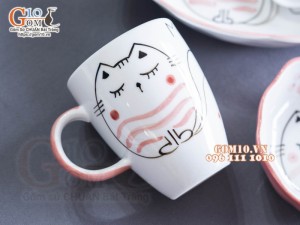 Bộ bát đĩa ăn dặm men trắng vẽ Mèo Ú chỉ hồng, 4 chi tiết