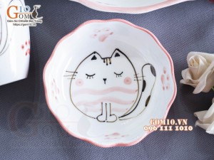 Bộ bát đĩa ăn dặm men trắng vẽ Mèo Ú chỉ hồng, 4 chi tiết