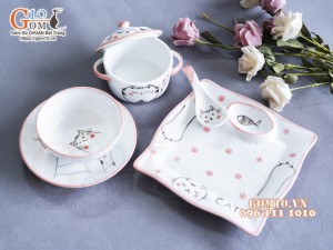 Bộ bát đĩa ăn dặm men trắng vẽ Mèo Ú chỉ hồng, 5 chi tiết