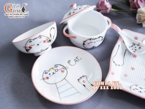 Bộ bát đĩa ăn dặm men trắng vẽ Mèo Ú chỉ hồng, 5 chi tiết