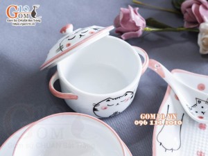 Bộ bát đĩa ăn dặm men trắng vẽ Mèo Ú chỉ hồng, 5 chi tiết