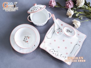 Bộ bát đĩa ăn dặm men trắng vẽ Mèo Ú chỉ hồng, 5 chi tiết