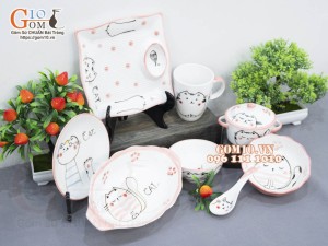 Bộ bát đĩa ăn dặm men trắng vẽ Mèo Ú chỉ hồng, 8 chi tiết