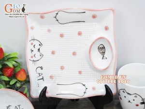 Bộ bát đĩa ăn dặm men trắng vẽ Mèo Ú chỉ hồng, 8 chi tiết