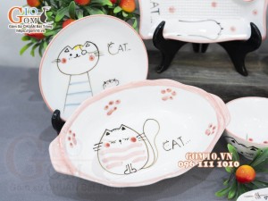 Bộ bát đĩa ăn dặm men trắng vẽ Mèo Ú chỉ hồng, 8 chi tiết