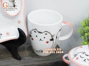 Bộ bát đĩa ăn dặm men trắng vẽ Mèo Ú chỉ hồng, 8 chi tiết