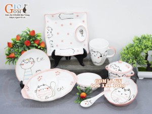 Bộ bát đĩa ăn dặm men trắng vẽ Mèo Ú chỉ hồng, 8 chi tiết