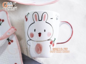 Bộ bát đĩa ăn dặm men trắng vẽ Thỏ chỉ hồng, 8 chi tiết