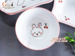 Bộ bát đĩa ăn dặm men trắng vẽ Thỏ chỉ hồng, 8 chi tiết