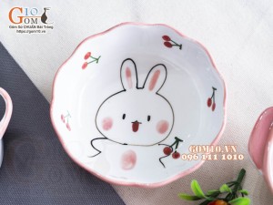 Bộ bát đĩa ăn dặm men trắng vẽ Thỏ chỉ hồng, 8 chi tiết