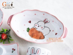Bộ bát đĩa ăn dặm men trắng vẽ Thỏ chỉ hồng, 8 chi tiết