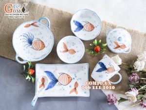 Bộ bát đĩa ăn dặm men trắng vẽ tiểu ngư, 7 chi tiết