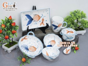 Bộ bát đĩa ăn dặm men trắng vẽ tiểu ngư, 7 chi tiết