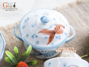 Bộ bát đĩa ăn dặm men trắng vẽ tiểu ngư, 7 chi tiết