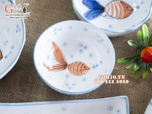 Bộ bát đĩa ăn dặm men trắng vẽ tiểu ngư, 7 chi tiết
