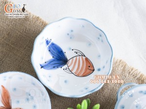 Bộ bát đĩa ăn dặm men trắng vẽ tiểu ngư, 7 chi tiết