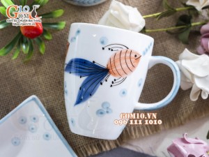 Bộ bát đĩa ăn dặm men trắng vẽ tiểu ngư, 7 chi tiết