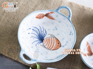 Bộ bát đĩa ăn dặm men trắng vẽ tiểu ngư, 7 chi tiết