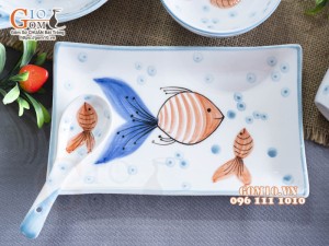 Bộ bát đĩa ăn dặm men trắng vẽ tiểu ngư, 7 chi tiết