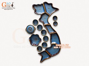 Bộ bát đĩa bản đồ Việt Nam men hoả biến xanh đá