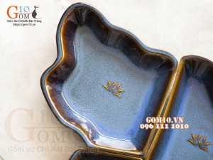 Bộ bát đĩa bản đồ Việt Nam men hoả biến xanh đá