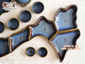 Bộ bát đĩa bản đồ Việt Nam men hoả biến xanh đá