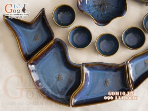Bộ bát đĩa bản đồ Việt Nam men hoả biến xanh đá