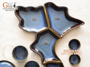 Bộ bát đĩa bản đồ Việt Nam men hoả biến xanh đá