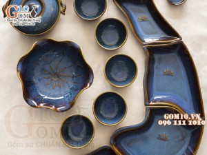 Bộ bát đĩa bản đồ Việt Nam men hoả biến xanh đá