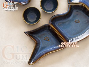 Bộ bát đĩa bản đồ Việt Nam men hoả biến xanh đá