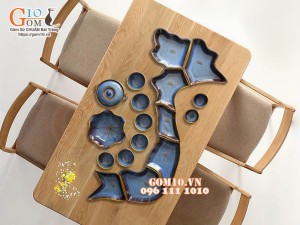 Bộ bát đĩa bản đồ Việt Nam men hoả biến xanh đá