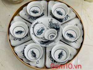 Bộ bát đĩa hoa mặt trời men bóng vẽ hoa sen, 15 chi tiết