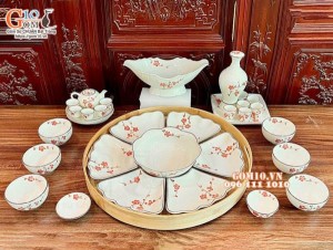 Bộ bát đĩa hoa mặt trời men kem vẽ hoa Đào Đỏ,18 chi tiết