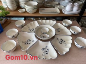Bộ bát đĩa hoa mặt trời men kem vẽ hoa Sen đen, 15 chi tiết