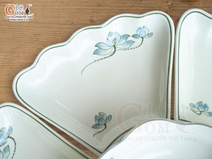 Bộ bát đĩa hoa mặt trời men kem vẽ hoa Sen xanh 55cm