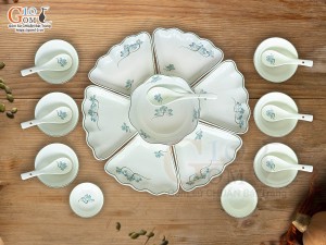 Bộ bát đĩa hoa mặt trời men kem vẽ hoa Sen xanh 55cm