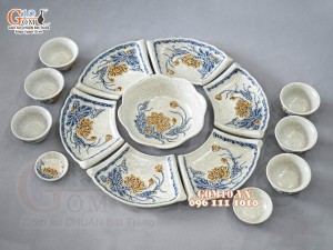 Bộ bát đĩa Hoa Mặt Trời men rạn đắp nổi Sen Cát Tường, đường kính 50cm