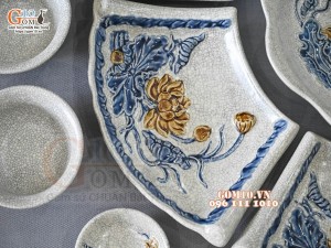 Bộ bát đĩa Hoa Mặt Trời men rạn đắp nổi Sen Cát Tường, đường kính 50cm