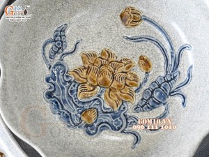 Bộ bát đĩa Hoa Mặt Trời men rạn đắp nổi Sen Cát Tường, đường kính 50cm